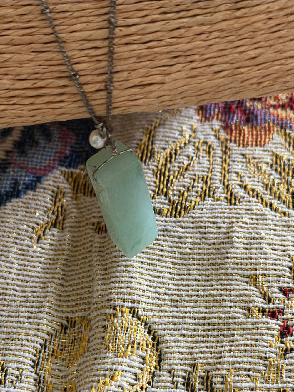 Long sterling silver darkened chain with tiny silver balls green semi precious
